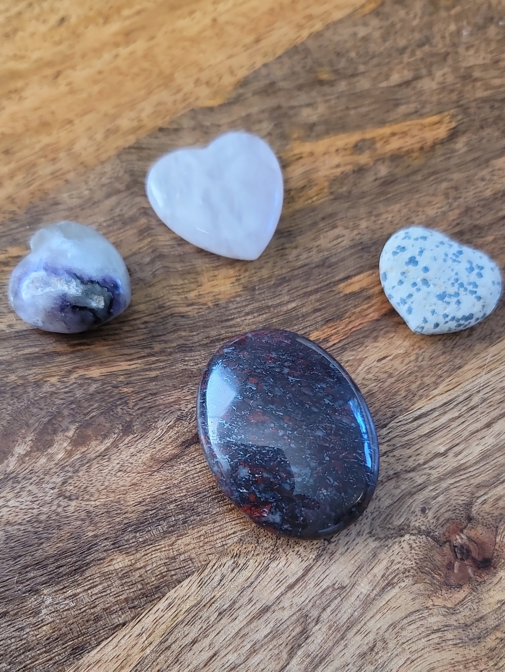 Polished Dark Garnet-in-Matrix Palm Stone with Accent Hearts